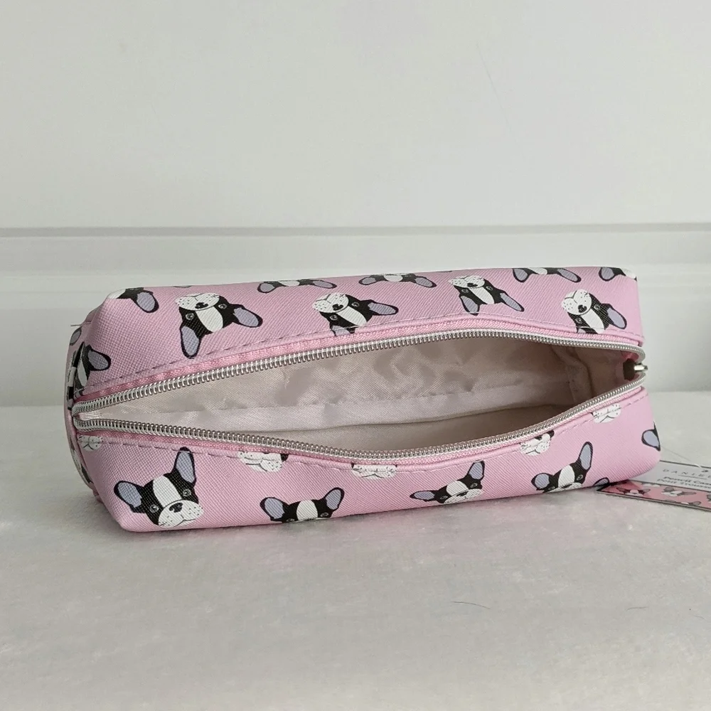 Boston Terrier Frenchie Small Cosmetic Pencil Case PVC Saffiano Pink NWT